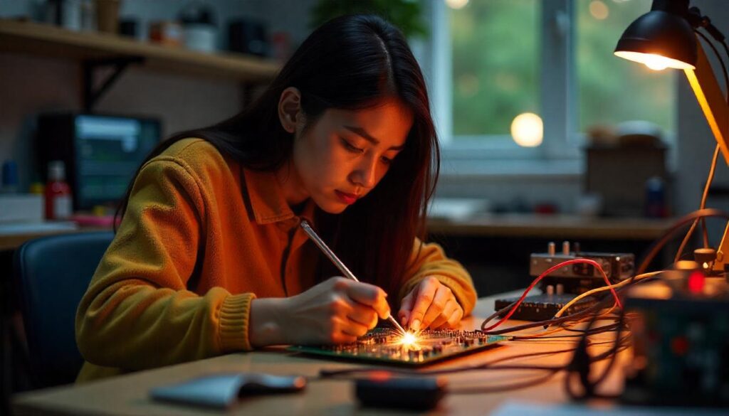 A girl is practicing robotics engineering lessons with printed circuit board