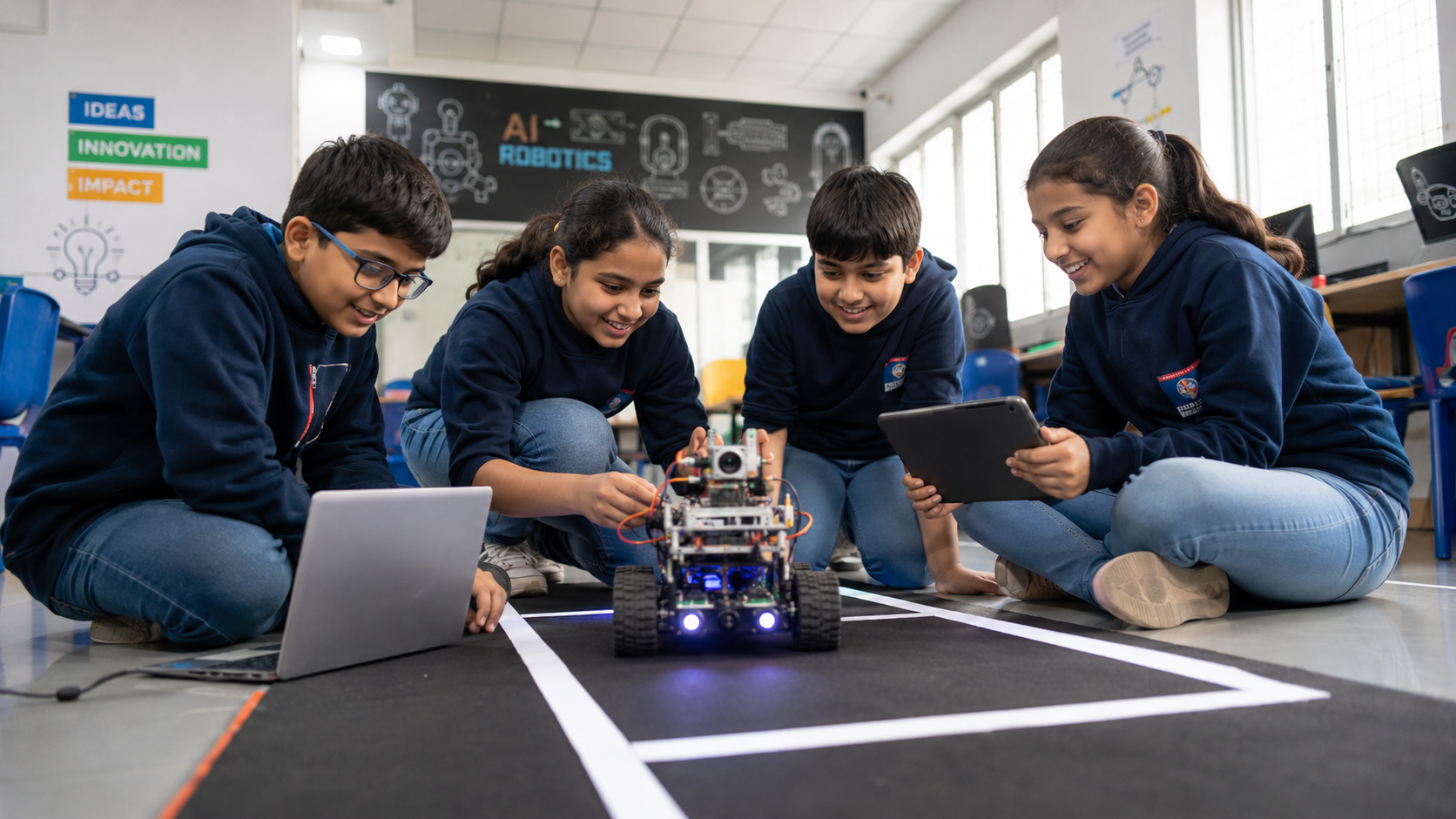 Students learning AI and robotics courses with hands-on robot building at Technobotics Mumbai